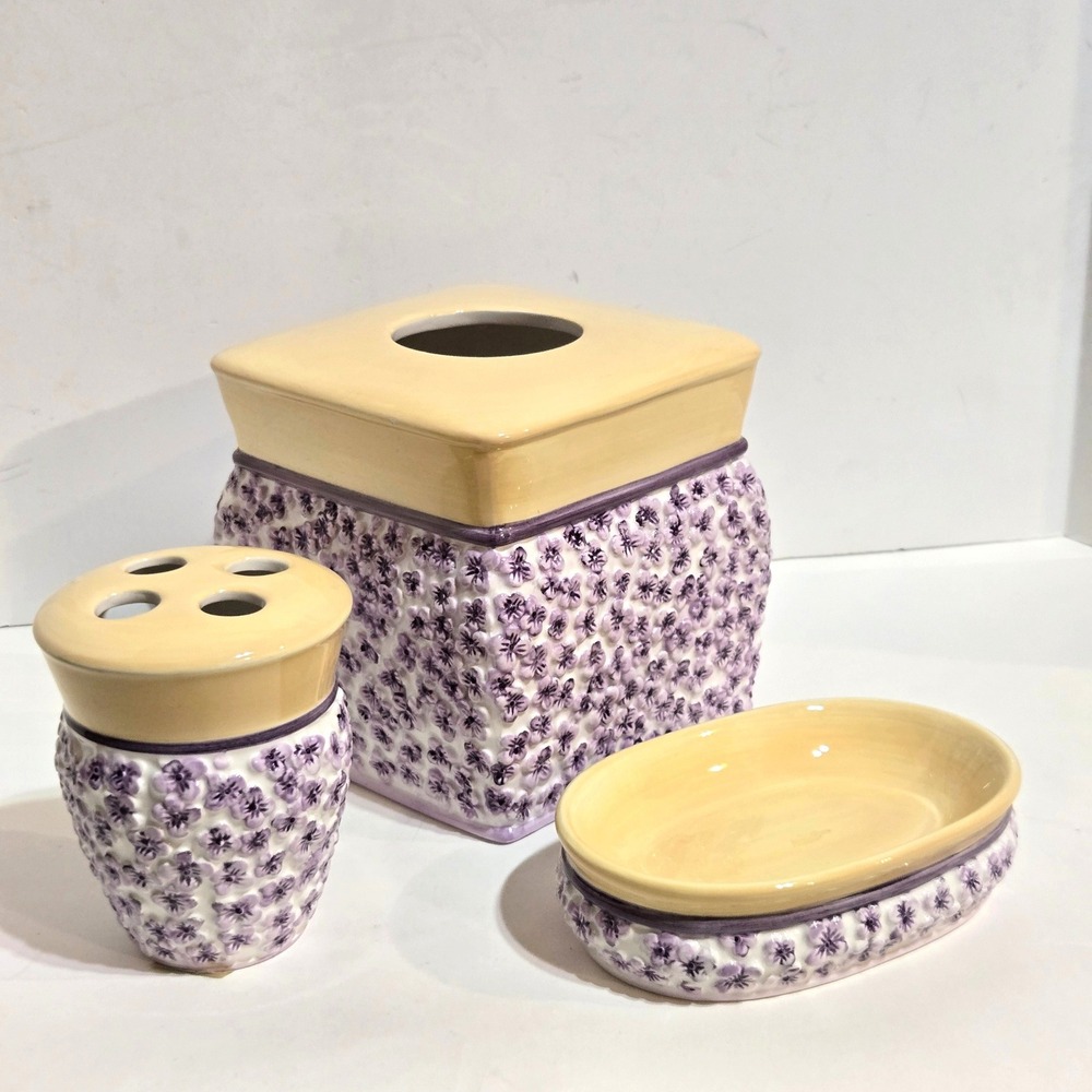 Vtg Waverly Garden Room Field of Flowers 3pc Ceramic Bathroom Set Purple Cottage